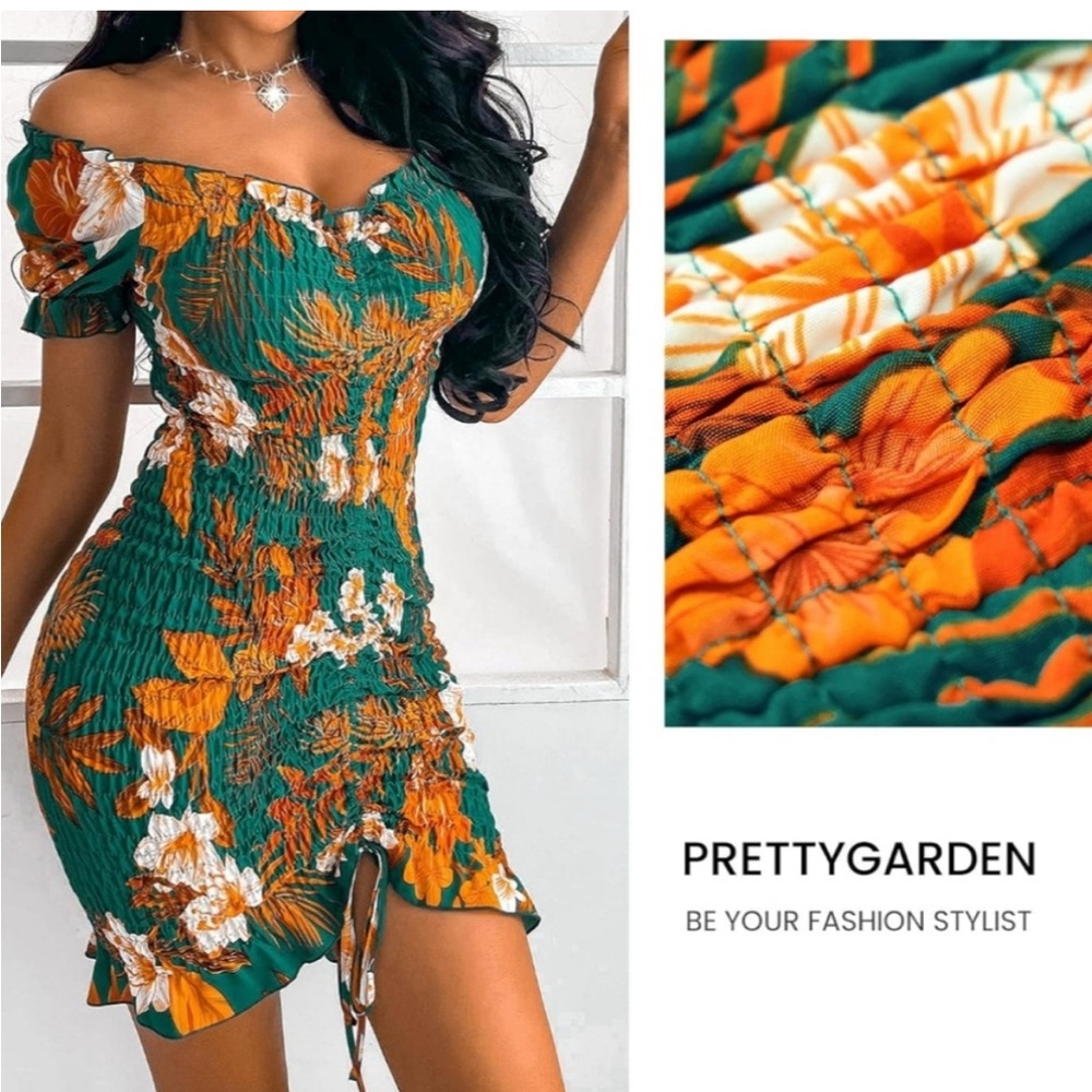 Women's Floral Off-Shoulder Dress - Green and Orange